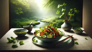 Image of a minimalistic vegan cold appetizer inspired by Asian cuisine, served on a simple table. Features thinly sliced cucumbers, carrots, and red bell peppers, garnished with cilantro, mint, and sesame seeds, with chopsticks beside the dish.