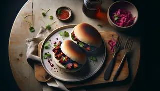 Minimalist lunch setup with smoky jackfruit BBQ buns on a neutral plate, garnished with cilantro and side of pickled red cabbage, on a wood-toned table.