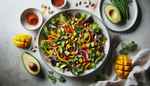 Colorful African-inspired salad with mixed greens, bell peppers, mango, avocado, peanuts, and tangy dressing, hinting at a spicy kick.