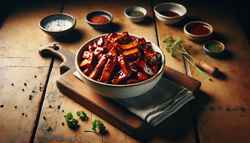 Vegan sticky BBQ jackfruit in a white bowl on a wooden table, garnished with parsley and chili flakes, in warm lighting.