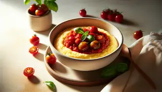 Vegan breakfast of creamy polenta in a white bowl, topped with cherry tomato compote and basil, in a bright, minimalistic setting.