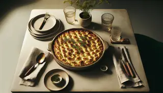 Vegan Shepherd's Pie on a dinner table with minimal decor, warm lighting, and simple tableware, highlighting a golden, crunchy topping.