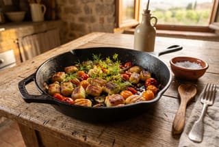 Seared Bread Gnocchi with Blistered Summer Tomatoes Seared golden bread gnocchi and charred cherry tomatoes in a cast-iron pan on a rustic wooden table.