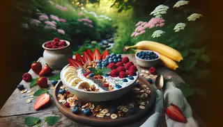 Create an image of a picture-perfect breakfast setting in nature, the table bathed in soft, natural light. In the middle, there's a bowl filled with a mound of creamy plant-based yogurt, topped with sliced bananas, vibrant strawberries, blueberries, and raspberries arranged artistically in the yogurt. Over these colorful fruits, there's a generous sprinkle of homemade granola, made of toasted oats, nuts, and seeds. Sprinkled as garnishing are miniature black speckles of chia seeds, with a few fresh mint leaves on top, exuding a refreshing aroma. The table setting is completed by the surrounding scenery of lush, verdant greenery and blooming flowers.