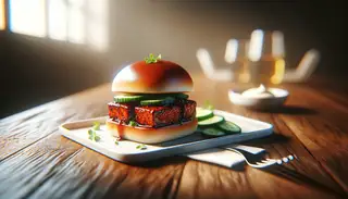 Asian-inspired BBQ jackfruit slider on a white plate, garnished with cucumber and cilantro, side of vegan mayo, on a wooden table under natural light.