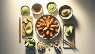 Vibrant Vegan Tempura Avocado Bites on a minimalistic table setting, inviting as a delightful snack.