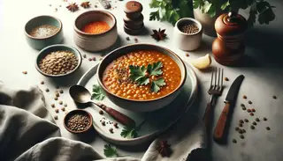 A steaming bowl of lentil soup garnished with fresh parsley on a cozy, minimalist table setting.