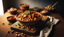 Bowl of vibrant vegan sweet potato and peanut stew with cilantro and peanuts on a wooden table, in soft natural light.