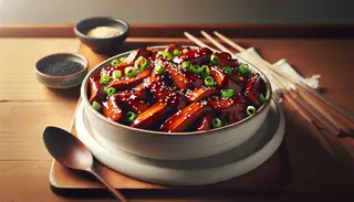 Asian-inspired vegan BBQ jackfruit in a white bowl on a wooden table, garnished with sesame seeds and green onions, in natural light.