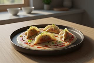 Vegan fusion ravioli-dumplings with seared bottoms on miso-truffle glaze, chili oil, and scallions on a sun-drenched minimalist ceramic plate.