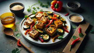 Image of vegan glazed tapas: crispy golden tofu cubes, shiny glaze, with red bell peppers, zucchini, sesame seeds, cilantro on a modern plate, minimalistic table, focused lighting.