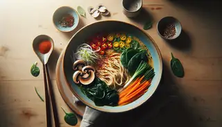 Image of a Vegan Miso-Tahini Ramen in a chic bowl, featuring shiitake mushrooms, carrots, spinach, and spring onions, with chili flakes, under soft light.