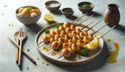 Image of vegan king oyster mushroom skewers resembling scallops, garnished with parsley, cilantro, and black sesame seeds on a minimalist table.