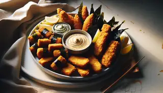 Vegan 'Fried' Seafood Platter on a minimalistic table, featuring hearts of palm and king oyster mushrooms in batter, with vegan tartar sauce and lemon wedges.