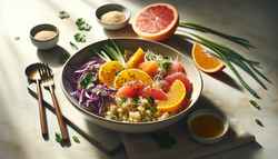 Vibrant Asian vegan lunch in a bowl with quinoa, orange, grapefruit, purple cabbage, carrots, green onions, cilantro, sesame seeds, and a glossy dressing, illuminated by natural light.