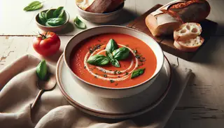 Vibrant vegan tomato basil soup in a white bowl on a light wooden table, accompanied by crusty bread and garnished with fresh basil leaves.
