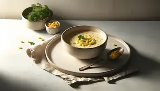 Bowl of vegan corn and potato chowder on a neutral table, garnished with herbs, with soft lighting highlighting its creamy texture.
