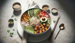 Image of 'Thin Food Festival Special: Vegan Delight' featuring rice noodles, watermelon slices, avocado, jackfruit, crispy tempeh, garnished with cucumber, radish, cilantro, and sesame seeds on a minimalist table.