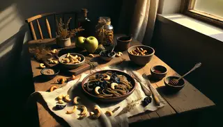 Tranquil scene of rich chicory cashew pasta, inspired by Italian cuisine, elegantly presented on a minimalist table in natural light.