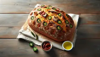 Freshly baked spicy vegan bread with jalapeños and sun-dried tomatoes, golden-brown crust, on a wooden table with olive oil and white napkin.