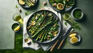 A vibrant outdoor table setting showcasing a stylish Grilled Asparagus Salad with charred asparagus, lemon zest, vegan parmesan, and fresh herbs.