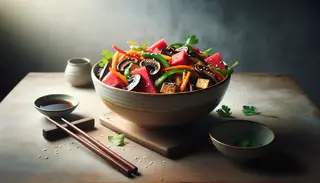 Image of 'Simmered Fusion Delight' in a ceramic bowl on a wooden table, featuring colorful vegan ingredients and natural lighting.
