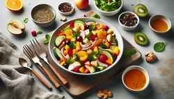 A vibrant vegan fruity marinade, bursting with fresh flavors, sits on a clean table setting. The colorful and refreshing blend adds an invigorating twist to plant-based proteins, perfect for grilling or baking. The organic elements create texture and enhance the essence of the dish, inspiring a delightful vegan BBQ experience.