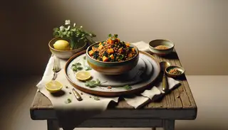 Image of a rustic table setting with African-inspired high tea, featuring a bowl of sorghum and millet with caramelized sweet potatoes and kale, garnished with cilantro and lemon.