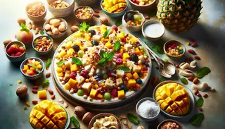 Envision a large dessert table filled with a variety of tempting treats. The star attraction is an exquisite dish called the African Fruit Coconut Delight. It's a visual treat featuring a dazzling array of tropical fruits. In the heart of the plate lies a colourful medley of diced pineapple, mango, and ripe bananas. These fruits rest in a creamy base made from coconut milk. Adding to the dish's sweetness is a shimmering drizzle of maple syrup. Garnishing the top is a bountiful sprinkle of shredded coconut to add an enjoyable crunch. For balance, freshly picked mint leaves scatter across the plate. The dessert is styled to make the dish not only pleasing to the palate but a visual feast as well. The beauty lies in its being a vegan, gluten-free, and nut-free dessert, loved by individuals with different food preferences.