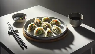 Plate of spicy vegan dim sum with colorful vegetable fillings, presented on a white ceramic plate with soy sauce and chopsticks, on a minimalist table.