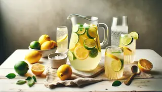 A refreshing vegan sour drink with lemons and limes, served in glasses with ice cubes, against a clean and simplistic table setup.