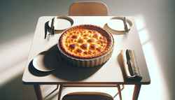 Golden-brown baked breakfast casserole on a minimalist table, bathed in soft, natural light, creating a warm, inviting atmosphere.