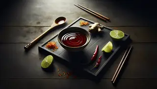 Asian-inspired vegan tamarind sauce in a bowl on a dark wooden table, highlighted by natural light with lime wedges and spices nearby.