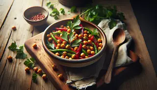 Image of a rustic ceramic bowl filled with Al Dente BBQ Chickpea Salad on a wooden table, garnished with parsley, in natural late afternoon light.