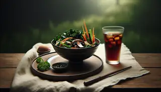 Asian-style vegan dish in a dark bowl on a wooden table, with mushrooms, carrots, kale in tamarind sauce, beside chilled tea and a linen napkin.