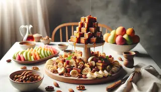 A beautifully arranged table with a tower of vegan sweet gifts, garnished with nuts and maple syrup, surrounded by fresh fruits.