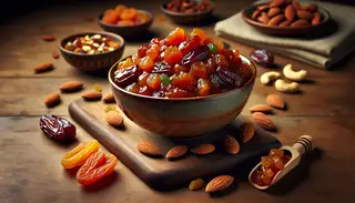 Alt: Elegant bowl of Vegan African Candied Sauce Delight, thick with caramel-colored sauce coating dates, apricots, and raisins, topped with roasted nuts, on a simple wooden table.