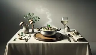A serene table setting featuring Vegan Mushroom Risotto, adorned with parsley, wine glasses, and a cozy napkin.
