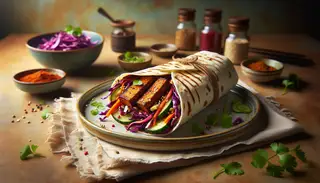 Vegan Asian BBQ Tempeh Wrap on a simple plate, featuring vibrant fillings and fresh cilantro, set against a clean, light background.
