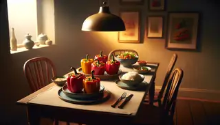 Vegan Asian-inspired stuffed peppers on a clean table with jasmine rice and salad, under warm, soft lighting.