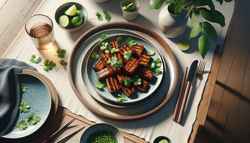 A naturally lit dining table with a charred Vegan Asian BBQ Tempeh dish garnished with cilantro, accompanied by lime wedges in a small bowl, emphasizing simplicity and visual appeal.
