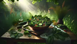 Envision a tranquil scene in nature with a table set exquisitely in the midst of a verdant meadow, with tall grasses waving softly in the wind. Natural light seeping through the nearby tree leaves casts a gentle glow over the scene, enriching the earthly beauty. The table brims with a stunning Grassy Side Salad in a wooden bowl, comprised of a variety of greens, spinach, and cucumber pieces, with halved cherry tomatoes and thinly sliced red onions adding a wave of colors. Aroma-filled herbs like mint and parsley are sprinkled throughout, bringing a fresh nuance. The salad is lightly drizzled with lemon juice and extra-virgin olive oil dressing, enhancing the flavors subtly but surely. It appears extremely appetizing, radiating healthy vibes and freshness that's not just visually pleasing but delicious too. An ode to Chef Emily's inventive prowess, as she recreates classic American dishes using plant-based ingredients.