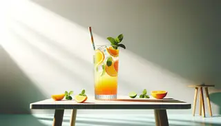 A minimalist image of a Citrus Bliss Cooler on a simple, bright table, featuring a glass with layers of orange, lemon, and lime juices, topped with sparkling water and garnished with fresh citrus slices and mint.