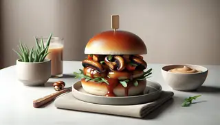 Vegan slider with caramel-coated mushrooms, arugula, and tomatoes on a toasted bun, on a simple table with a neutral background.
