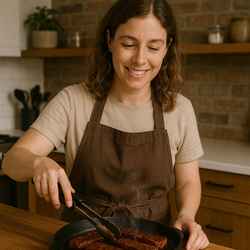 Emily in a modern kitchen with rustic elements, grilling smoky BBQ tempeh ribs.
