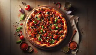 Artisan vegan pizza with harissa sauce, vegan cheese, roasted peppers, onions, olives, artichokes, sundried tomatoes, za'atar, and basil on a wooden table.