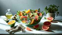 Fresh citrusy vegan salad in a glass bowl with orange, grapefruit, avocado, red onion, and mint on a light wood table, bathed in natural light.