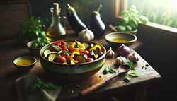 Vegan ratatouille in a ceramic bowl on a rustic table, surrounded by fresh ingredients, with a garden backdrop and natural lighting.