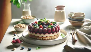 Vegan Macerated Berry and Basil Tiramisu with distinct layers, served on a simple, light-colored table, ideal for a food festival.