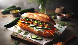 Image of a vegan BBQ Banh Mi with smoked jackfruit, pickled veggies, and cilantro on a crisp baguette, served on a minimalist table.